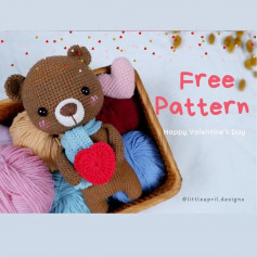 Brown bear crochet pattern and red heart.