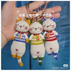 Cat keychain pattern in red shirt.