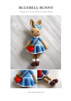 Chart móc thỏ bluebell bunny, mặc váy xanh đeo túi chéo đỏ hình quả dâu.