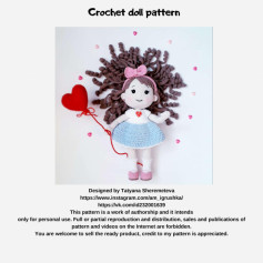 Crochet doll pattern brown hair, blue dress