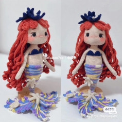 Crochet pattern for red-haired mermaid capsule with blue flowers