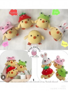 Crochet pattern of chicks wearing strawberry hats, pig hats, frog hats