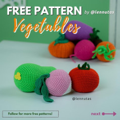 Crochet pattern of tomato, purple tuber, green melon