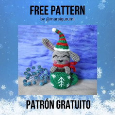 Gray rabbit crochet pattern sitting in a cup, wearing a hat.