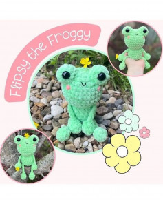 Green frog crochet pattern, with bulging eyes, long frog arms.