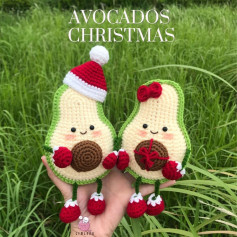 Half avocado crochet pattern with red hat and red bow