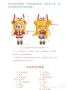 Knitting pattern in the shape of a doll with blonde hair, red shirt