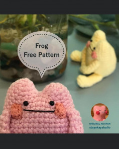 Pink frog crochet pattern is sitting.