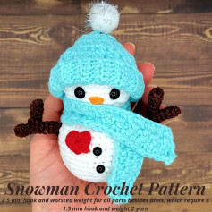 Snowman crochet pattern wearing a blue hat and blue scarf.