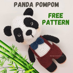 The panda crochet pattern wears overalls and wears a bow at the neck