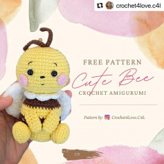 Yellow bee crochet pattern, white wings with pink cheeks.