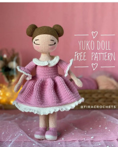 Yuko doll crochet pattern, brown hair, pink dress