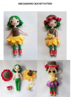 blue haired doll wearing yellow floral dress crochet pattern
