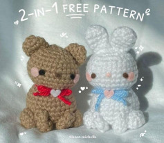 crochet pattern brown bear with red bow, white rabbit with blue bow