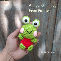 Crochet pattern green frog in red shirt