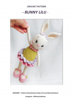 crochet pattern white rabbit, wearing yellow dress.