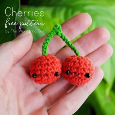 Free crochet pattern red cherries, blue stem