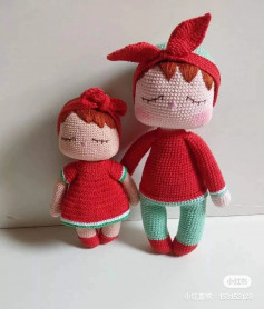 Free crochet pattern red haired doll wearing red shirt.