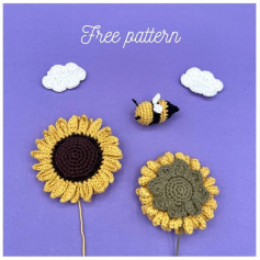 free crochet pattern sun flower, yellow petals, brown pistil.