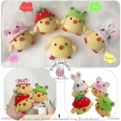 free pattern chicks wearing pig hats, strawberry hats, frog hats and rabbit hats.