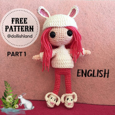 Free pattern doll wearing rabbit hat with red hair