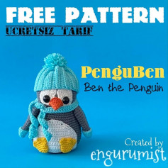 Penguin crochet pattern wearing blue hat, green scarf, yellow legs.