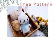 White rabbit crochet pattern with blue scarf
