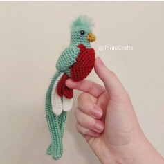 Blue long-tailed bird, red belly, yellow beak crochet pattern