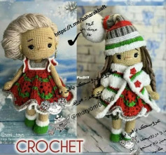 brown hair doll wearing red, blue dress, white and gray border.wear green shoes.free crochet pattern