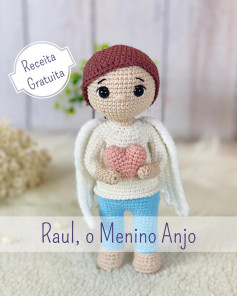 brown hair doll, white wings, blue pants, pink heart crochet pattern