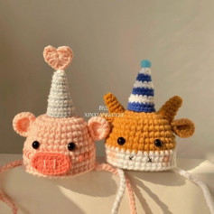 cow birthday hat, pink pig, crocodile hair clip crochet pattern