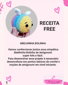 free crochet pattern bee, white wings, yellow face, blue body, purple tail.
