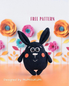 free crochet pattern black rabbit with pink cheeks.