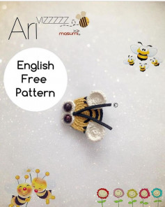 free crochet pattern golden bee hairpin with white wings.