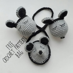 free crochet pattern gray bear bag with black ears.