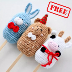 free crochet pattern green rabbit, brown bear, white cow.