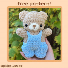 free crochet pattern grizzly bear wearing blue overalls