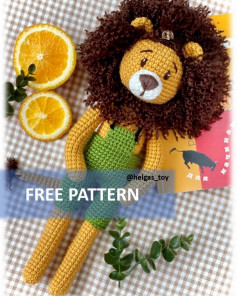 free crochet pattern lion wearing blue overalls