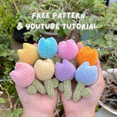 free crochet pattern pink, orange, purple, blue tulips.