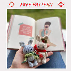 free crochet pattern rabbit swaddling blue, red scarf.