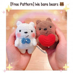 free crochet pattern we bare bears,white bear blue bow, brown bear red heart.
