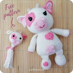 free crochet pattern white dairy cow, pink ears.