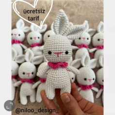 free crochet pattern white rabbit with pink bow.