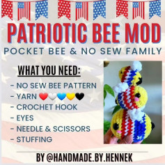 free crochet pattern yellow bee, white wings, red white blue stripes