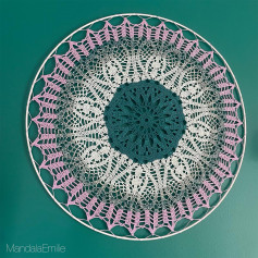 Geometric Crochet pattern of round rug, pink at the edges.