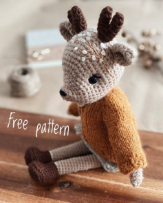 gray deer, orange shirt, brown horns, white, crochet pattern