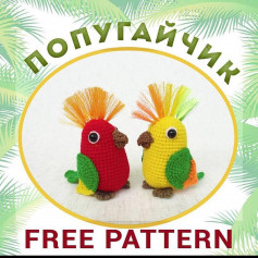 red parrot, yellow, blue wings, brown beak crochet pattern