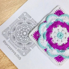 square decorated in blue and purple, white crochet pattern