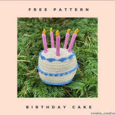 white birthday cake, blue border, pink candle crochet pattern