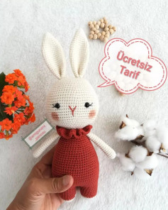 white rabbit, long ears, red dress, crochet pattern